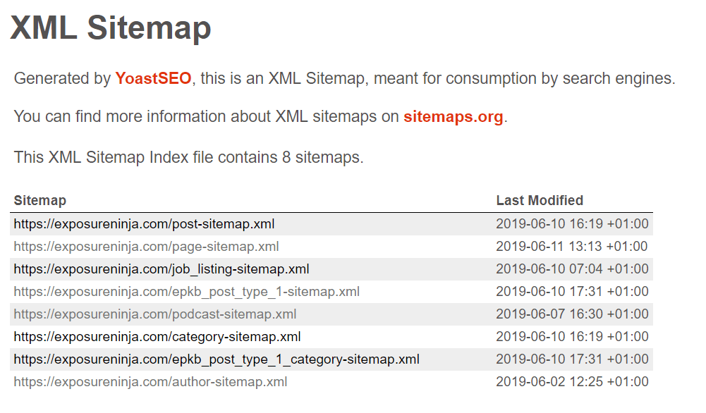 Screenshot der XML-Sitemap von Exposure Ninja