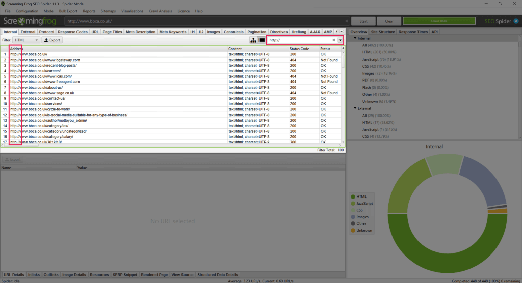 Screenshot von HTTP-URLs in Screaming Frog