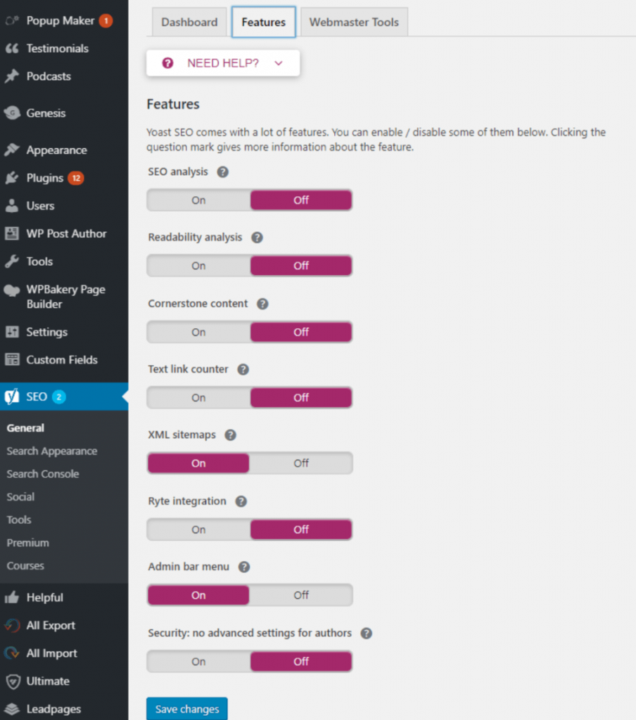 Screenshot des Yoast XML-Sitemap-Einstellungsmenüs