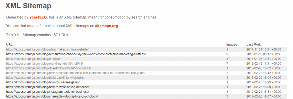 Screenshot der Post-XML-Sitemap von Exposure Ninja