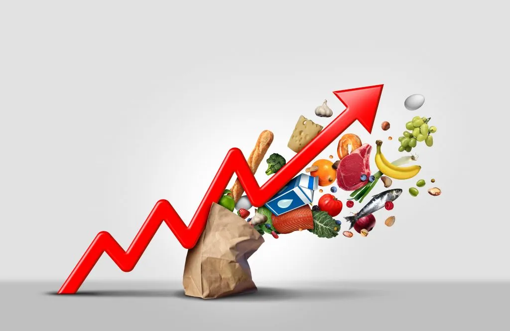 Une flèche orientée vers le haut renverse un sac d'épicerie illustrant l'inflation