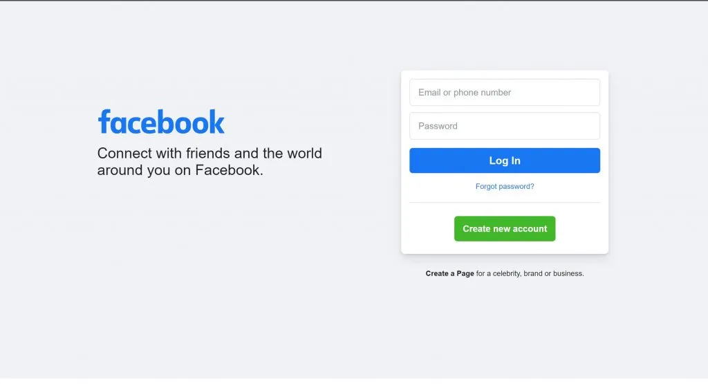 captură de ecran a paginii de conectare pe Facebook