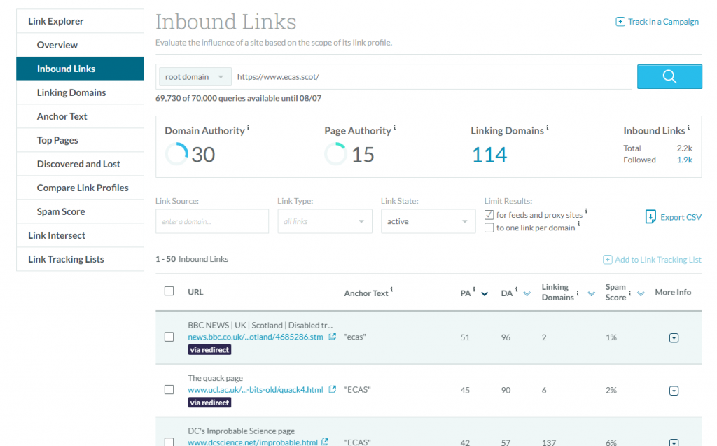 Tangkapan layar dari Moz's Link Explorer