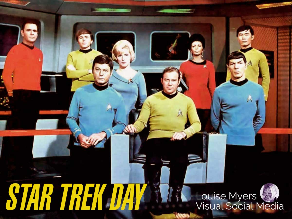 Foto von Captain Kirk und Enterprise Crew sagt Star Trek Day.