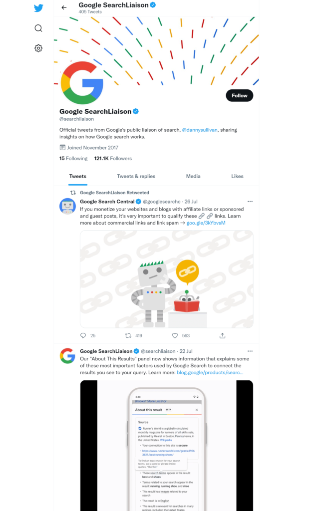 Googleの検索リエゾンのTwitterアカウントのスクリーンショット