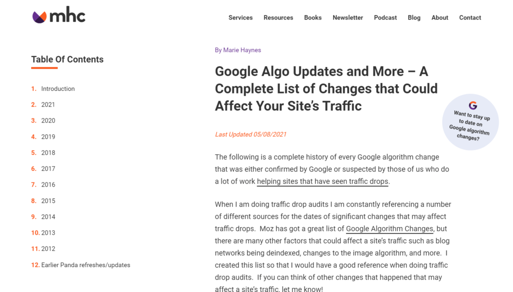 マリーヘインズコンサルティングのグーグルアルゴリズム更新履歴トラッカーのスクリーンショット