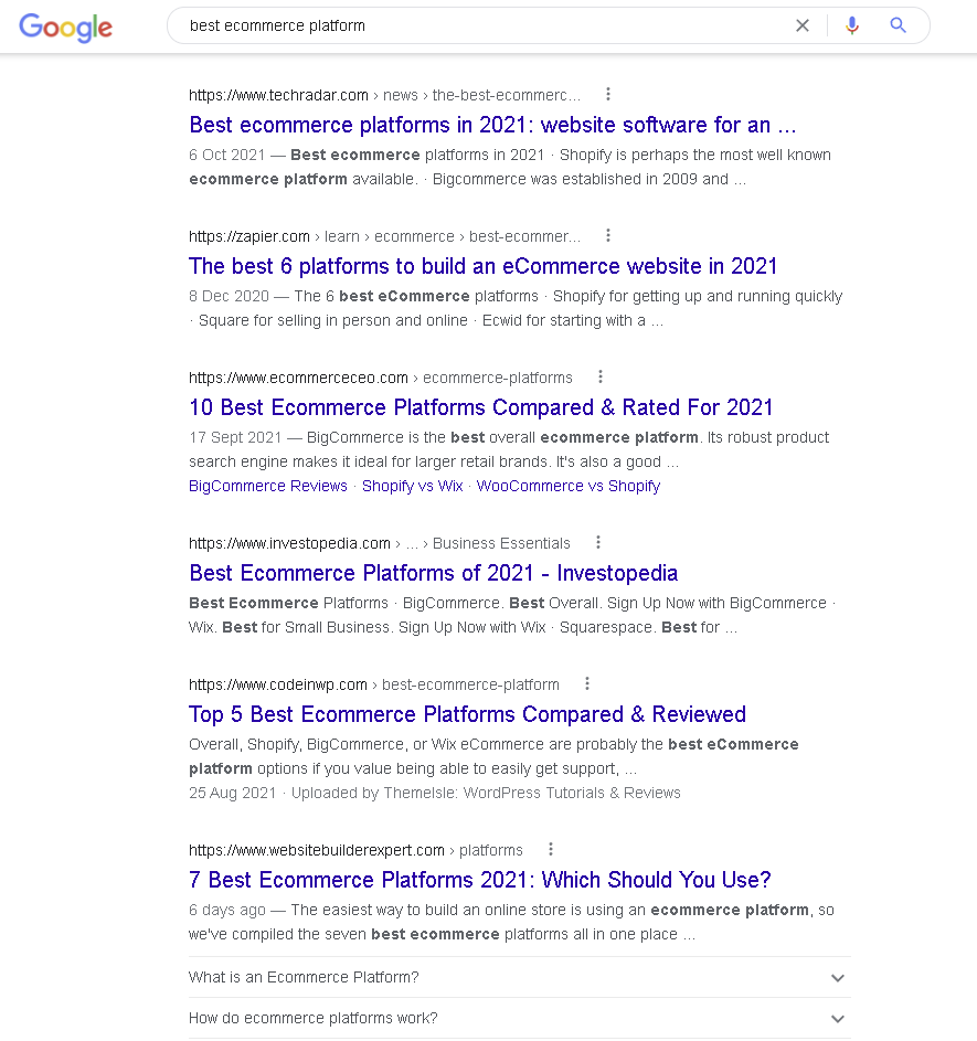 「最高のeコマースプラットフォーム」のGoogle検索を示す画像