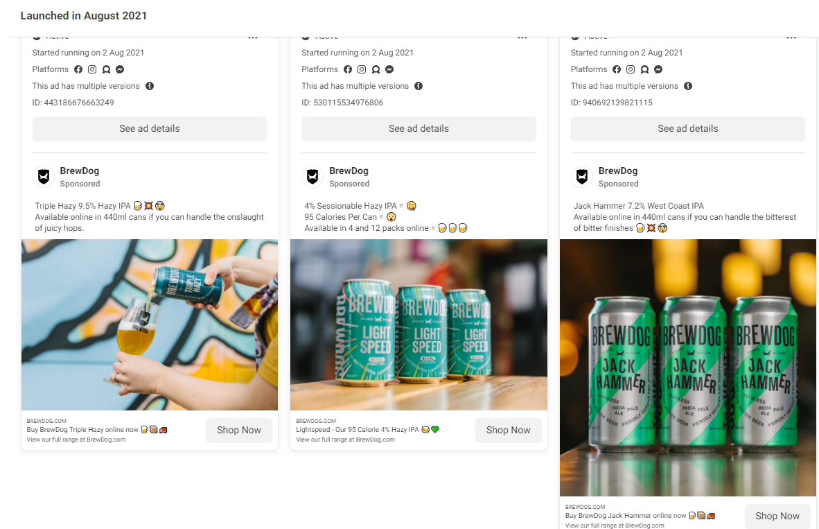 Скриншот трех объявлений BrewDog на Facebook