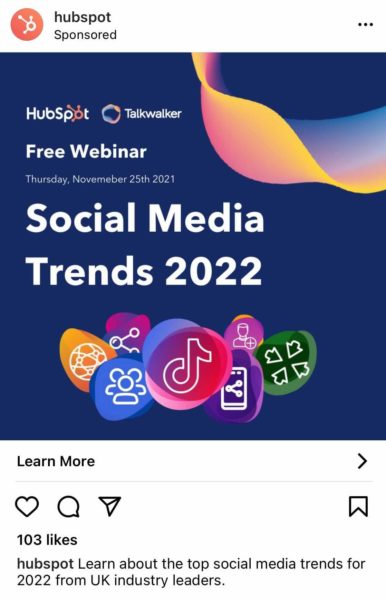 HubSpot Instagram 供稿广告的屏幕截图