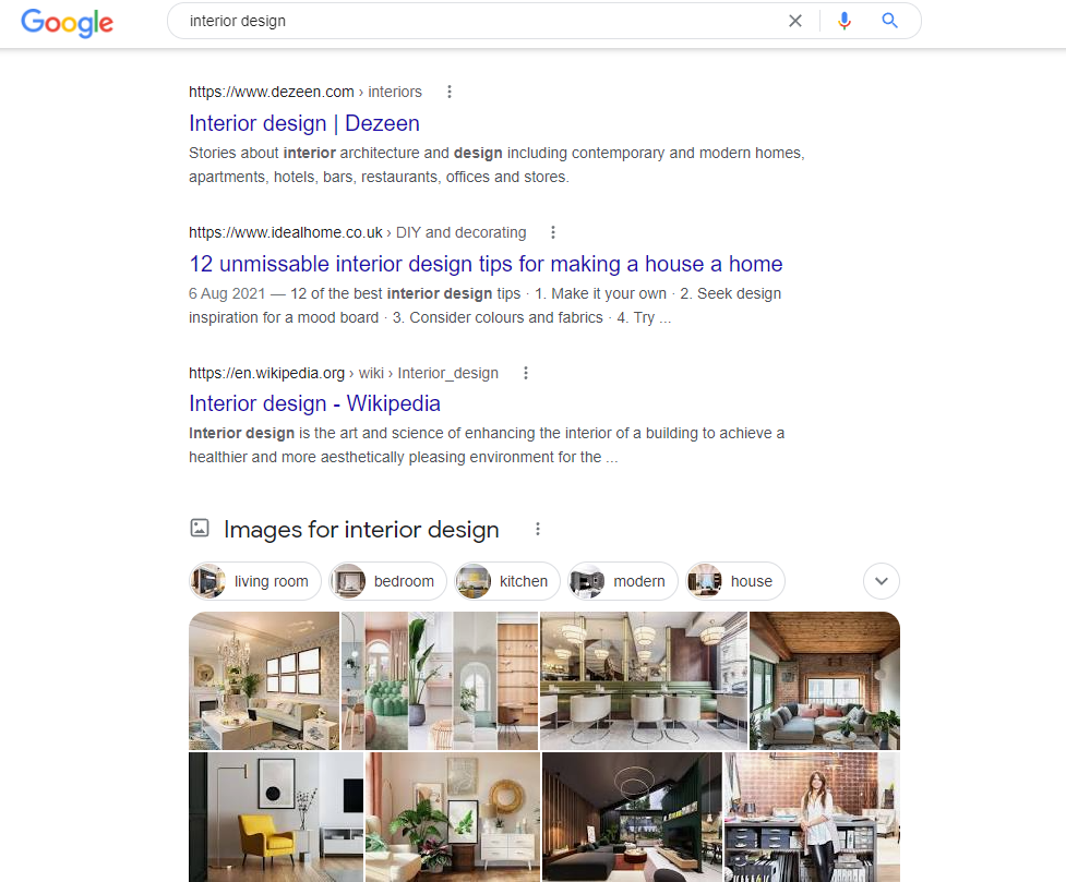 Скриншот поиска в Google по запросу «Дизайн интерьера»