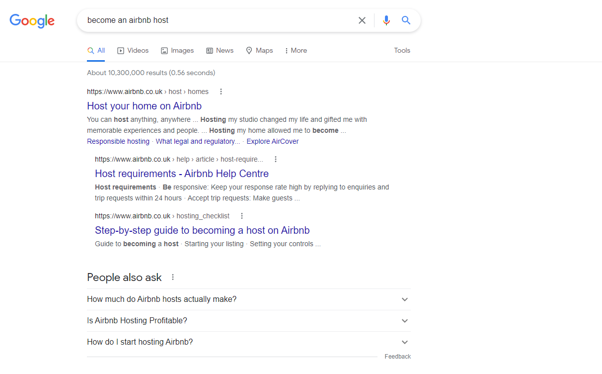 Скриншот поиска в Google по запросу стать хозяином airbnb