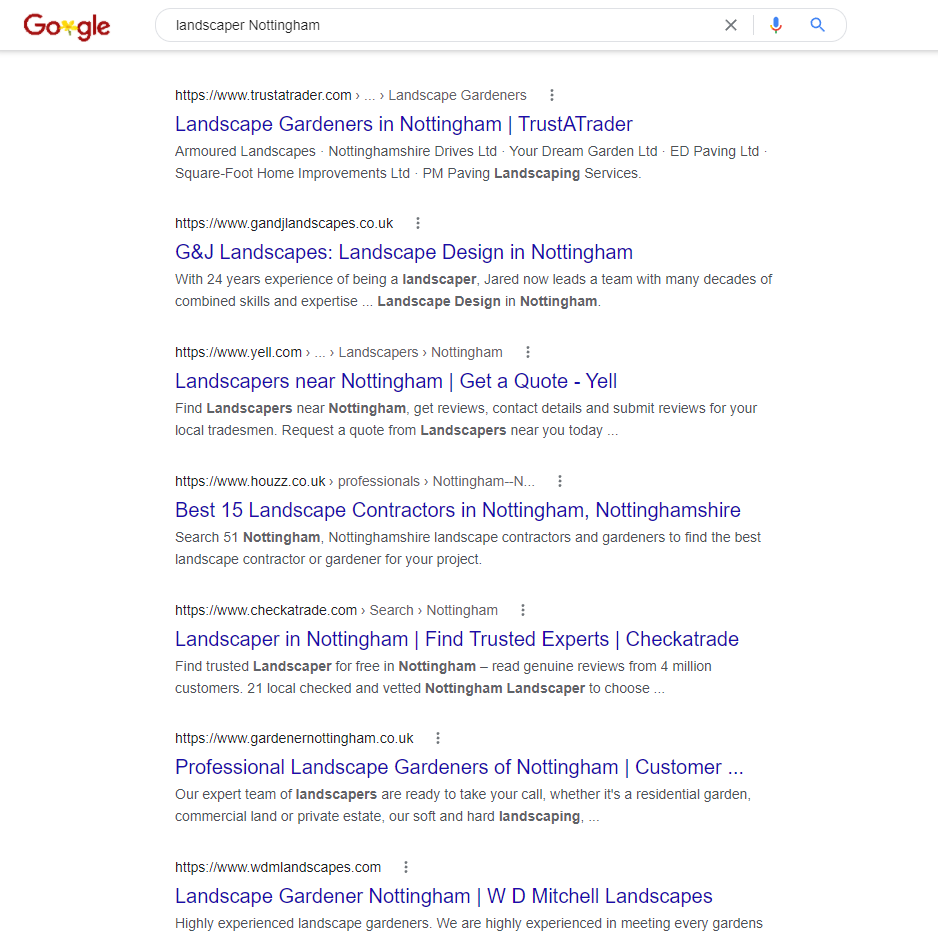 Zrzut ekranu wyników wyszukiwania Google dla wyszukiwanego hasła lokalnego