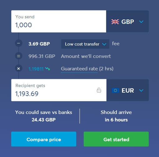 Zrzut ekranu kalkulatora Wise transfer