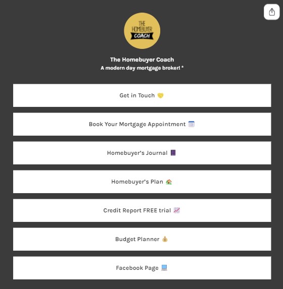 Zrzut ekranu Linktree trenera Homebuyer