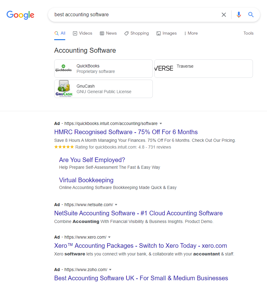 Captura de tela do Google Ads para o melhor software de contabilidade