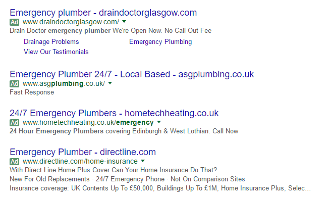 Ads for emergency plumber in Edinburgh search results, July 2016