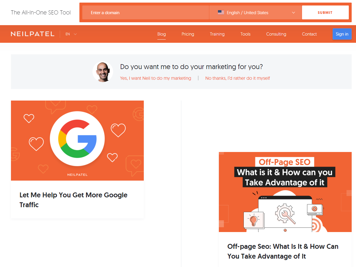 Captura de tela do blog de marketing digital de Neil Patel