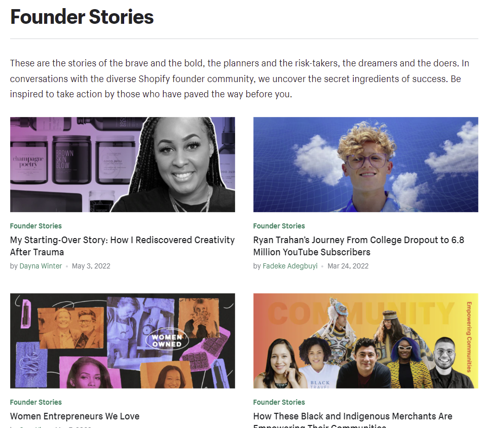 Captura de tela da seção Founder Stories no blog da Shopify