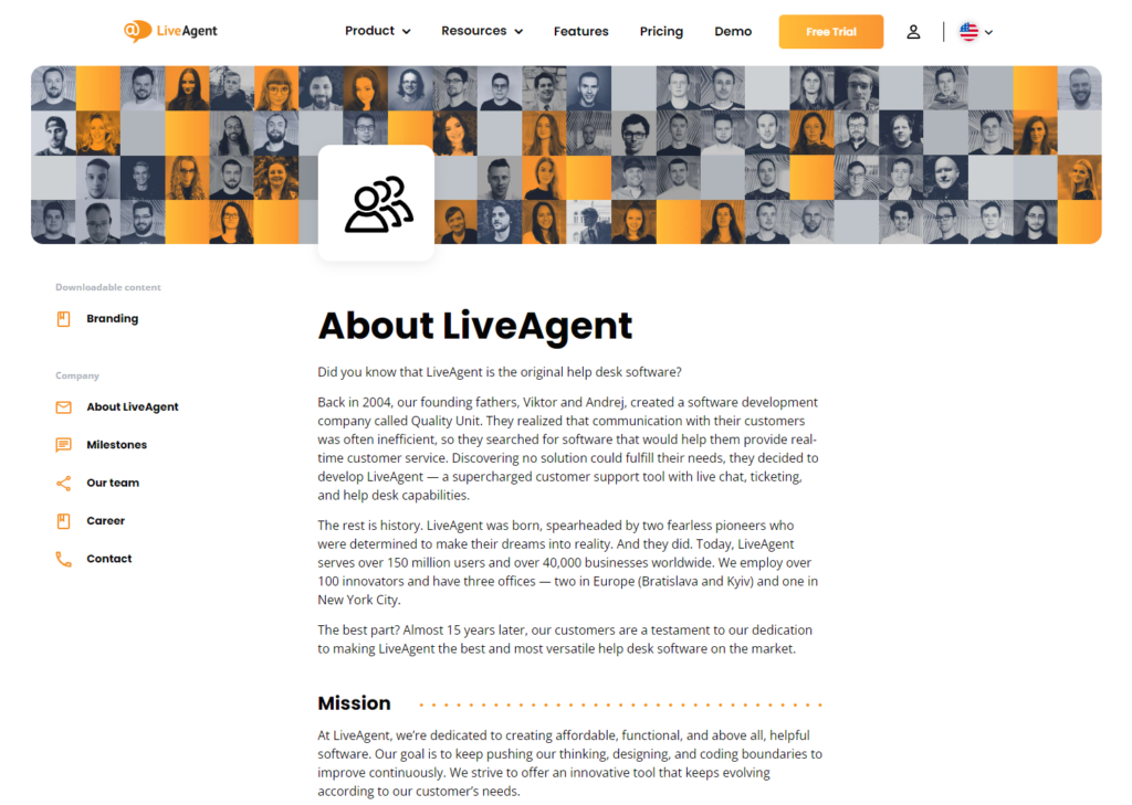 LiveAgent의 회사 소개 페이지