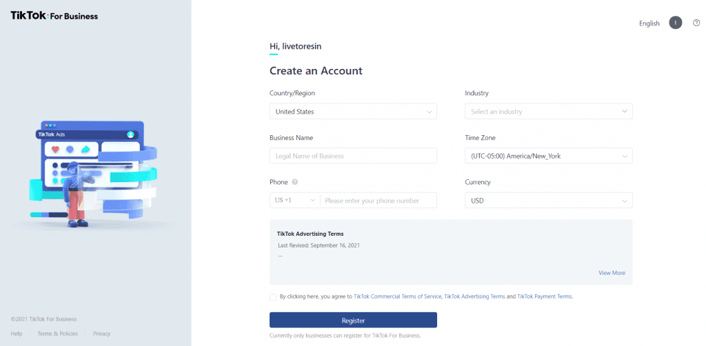 صفحة تسجيل مدير إعلانات TikTok.