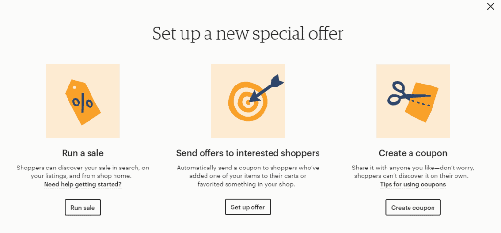 Etsy imposta una nuova offerta: esegui la vendita, invia offerte ai clienti interessati o crea un coupon.