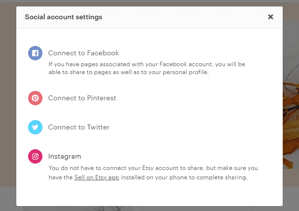 Collega Etsy a Facebook, Pinterest, Twitter e Instagram nella dashboard di Etsy Shop Manager.