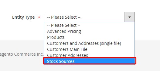 通過導入 CSV 文件調整 Magento MSI 中的庫存 - 選擇實體類型