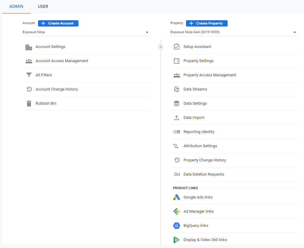 As colunas Conta e Propriedade no Google Analytics 4