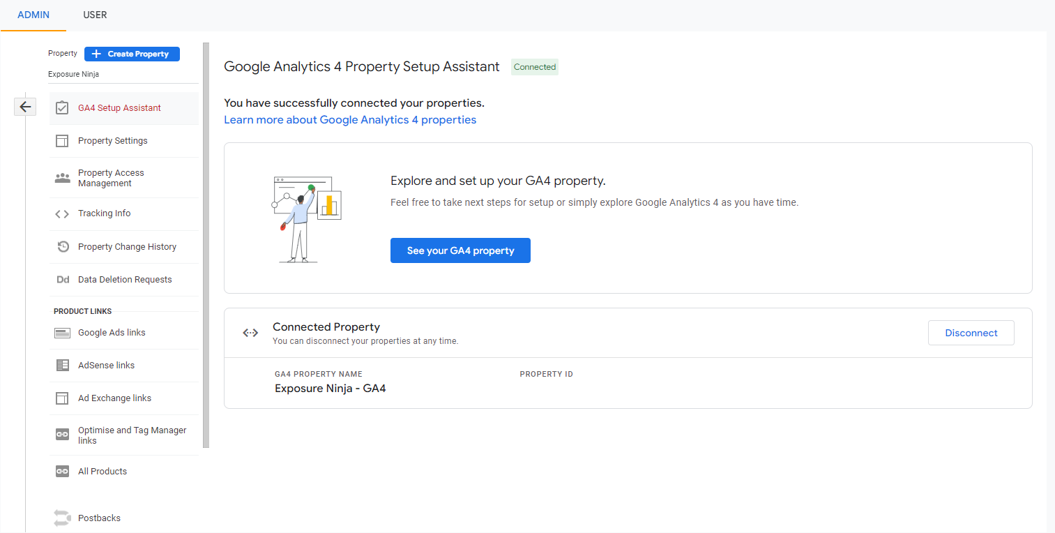 Tela conectada do Assistente de configuração de propriedade do Google Analytics