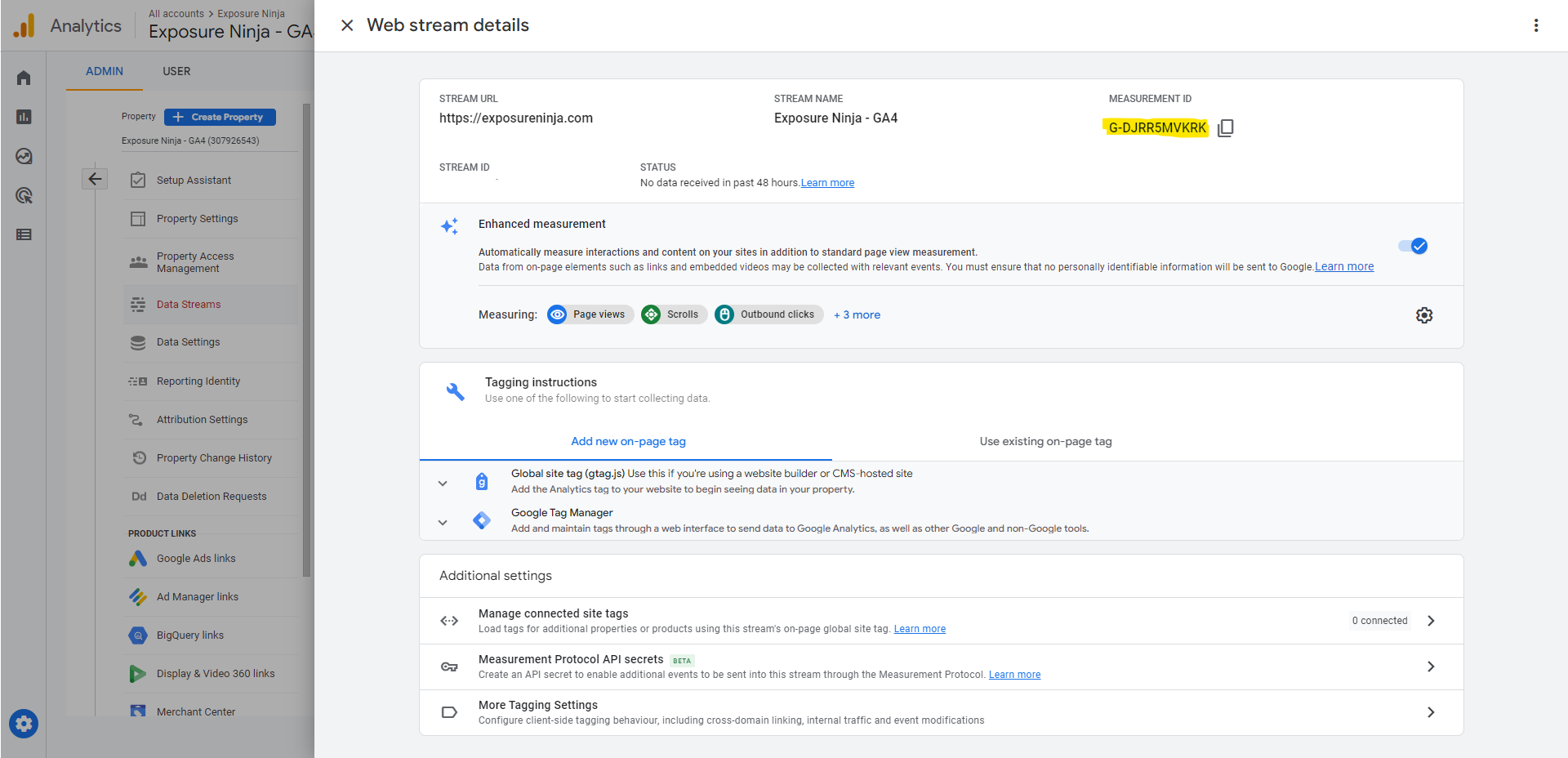 Tela conectada do Assistente de configuração de propriedade do Google Analytics