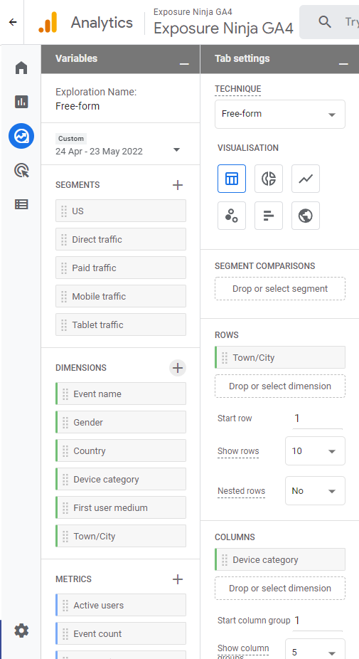 Configurações do relatório