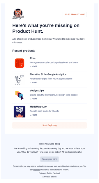 Письмо о повторном привлечении Product Hunt