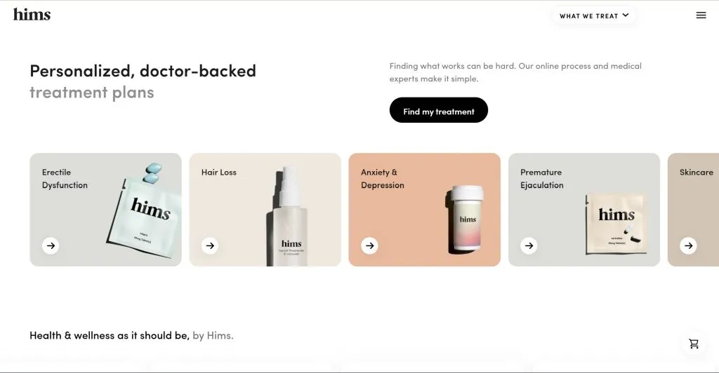 forhims.comホームページのスクリーンショット。写真の男性用ウェルネス製品：EDピル、脱毛美容液、不安神経症、うつ病の薬瓶