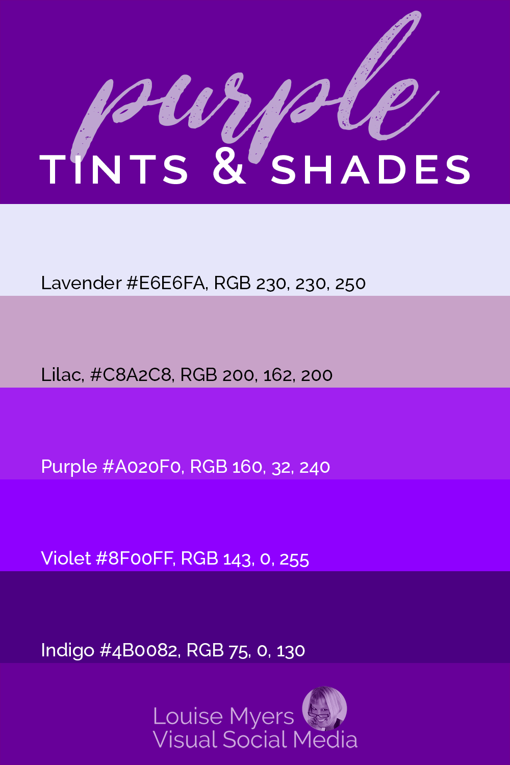 faixas de lavanda, lilás, roxo, violeta e índigo com códigos hexadecimais e rgb.