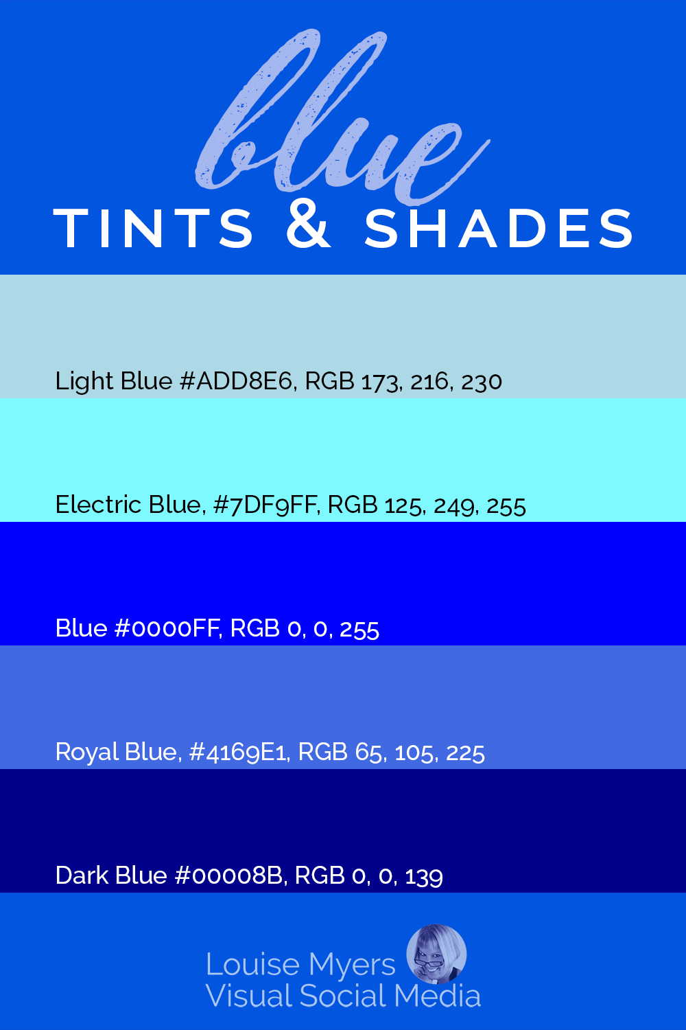 bandes de différentes teintes et nuances de bleu avec des codes hexadécimaux et des valeurs RVB.