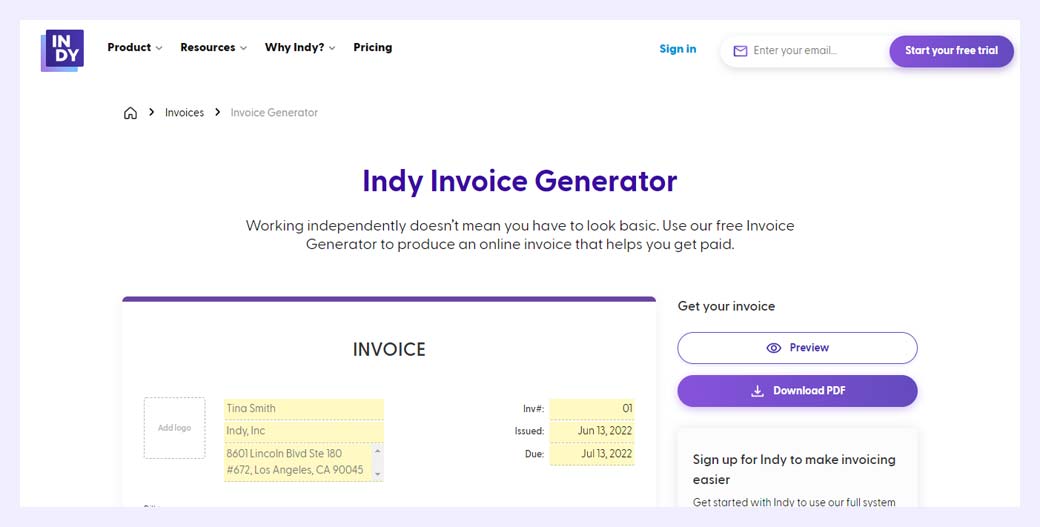 Indy Invoice Generator для фрилансеров