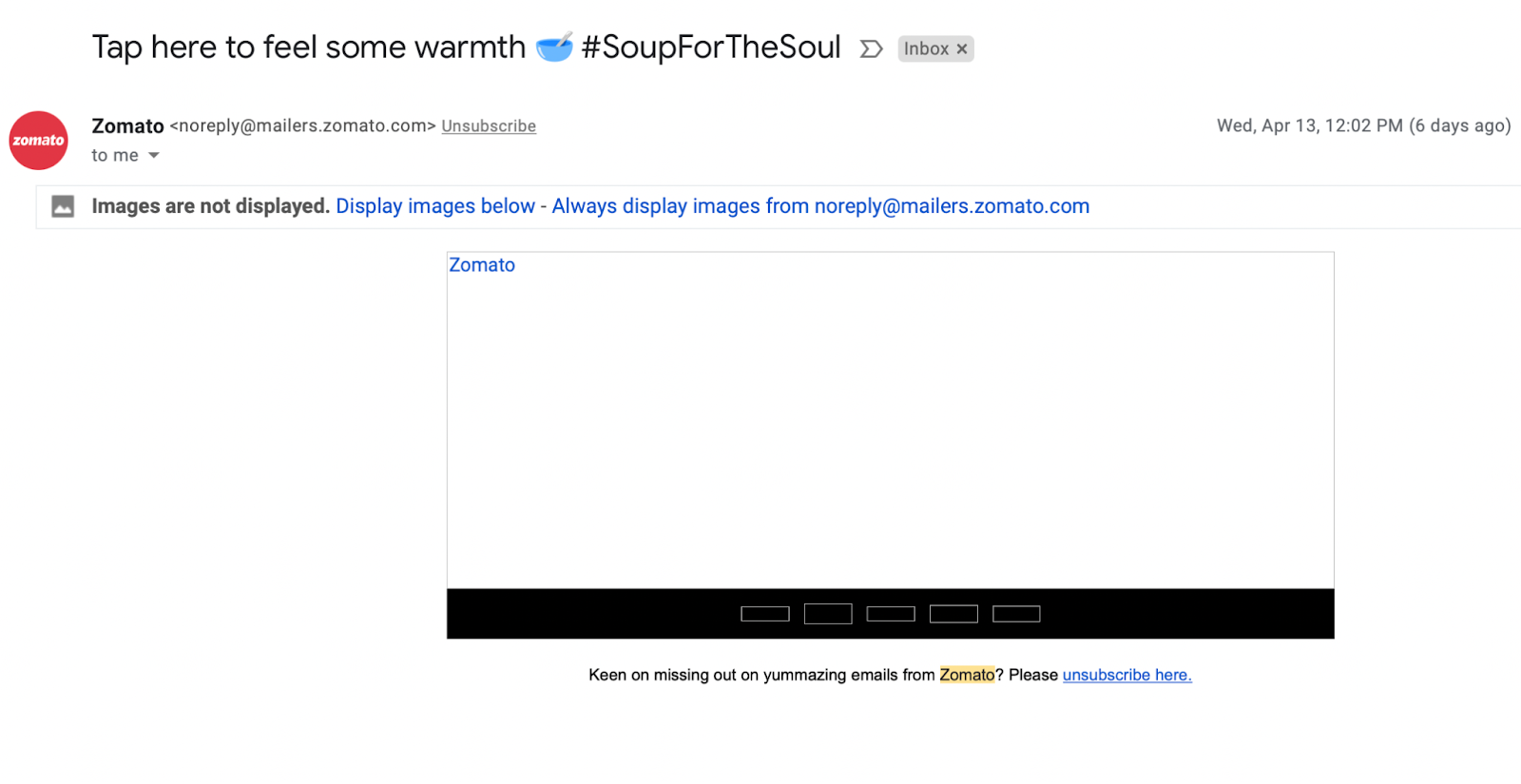 顯示來自 Zomato 的電子郵件並顯示“未顯示圖像”的屏幕截圖。