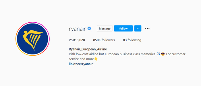 Conto Instagram di Ryanair