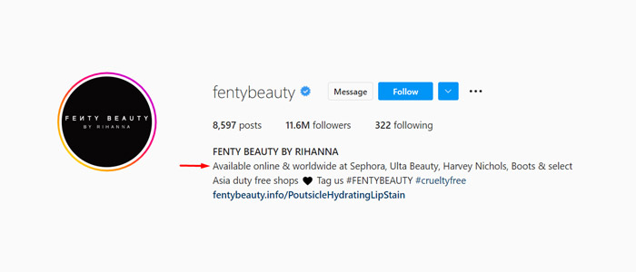 Fenty Beauty işletmesi Instagram hesabı