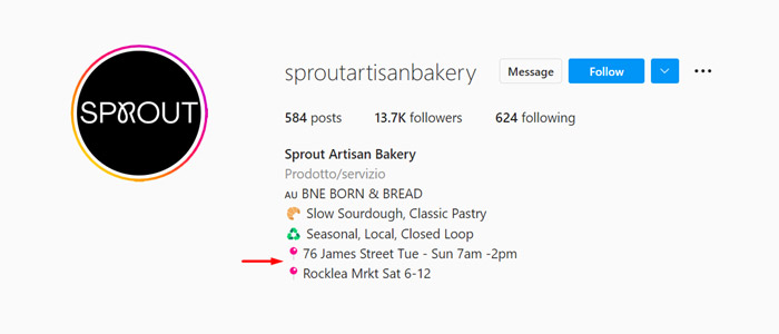 Conta do Instagram da Sprout Artisan Bakery