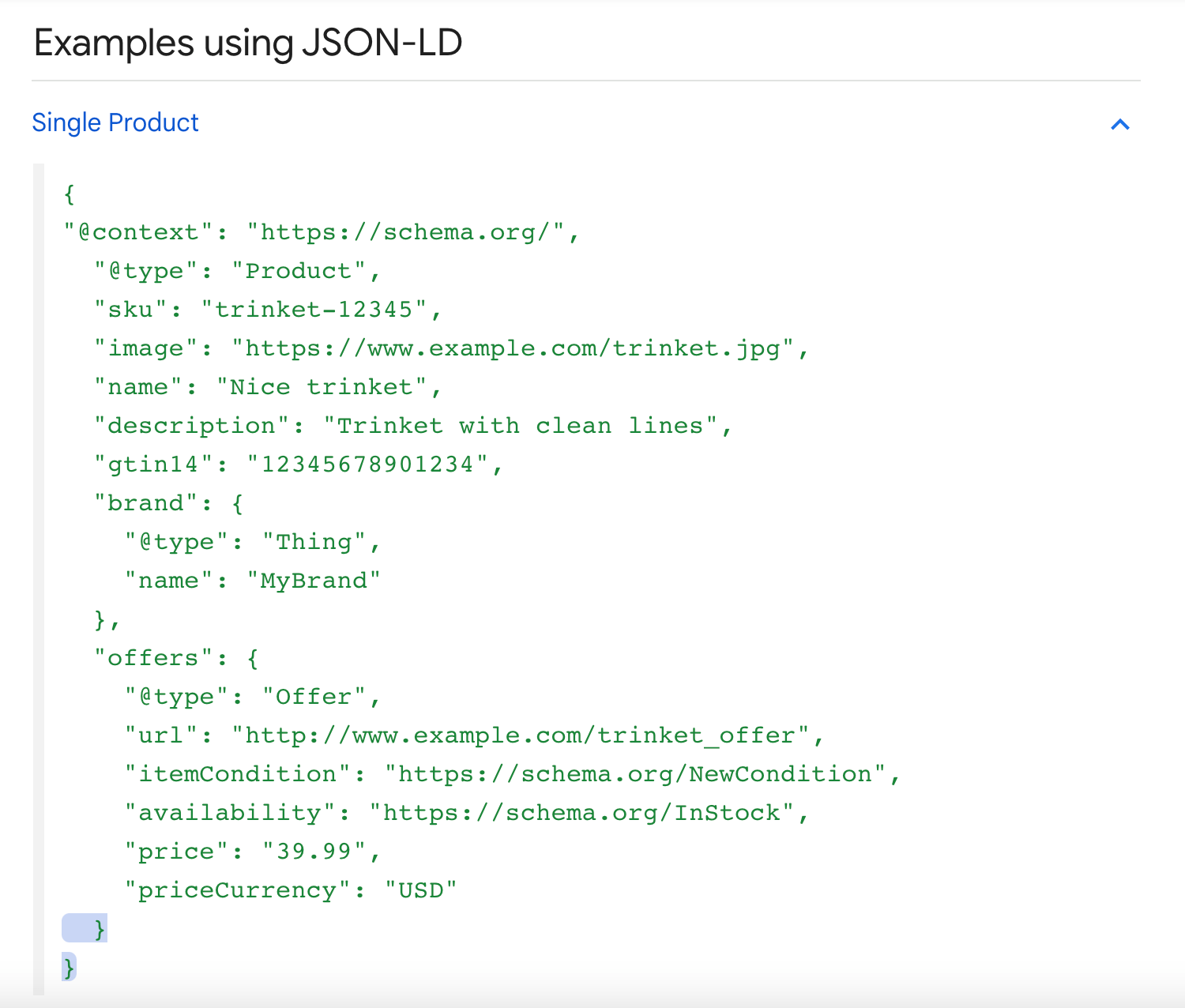 Ejemplo de código de esquema de producto