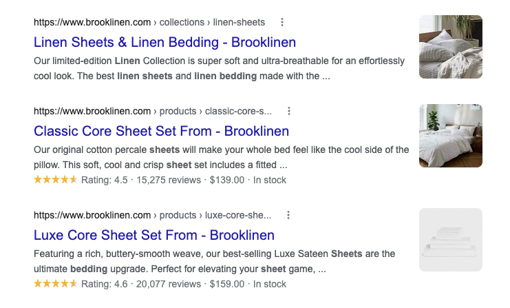 Brooklinen 已經通過 Google 實施了他們的產品評論，因此他們可以在 Google 結果頁面上脫穎而出。