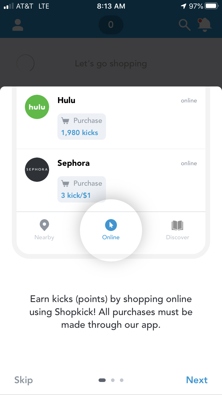 لقطة شاشة لتطبيق Shopkick مع مكافآت Hulu و Sephora