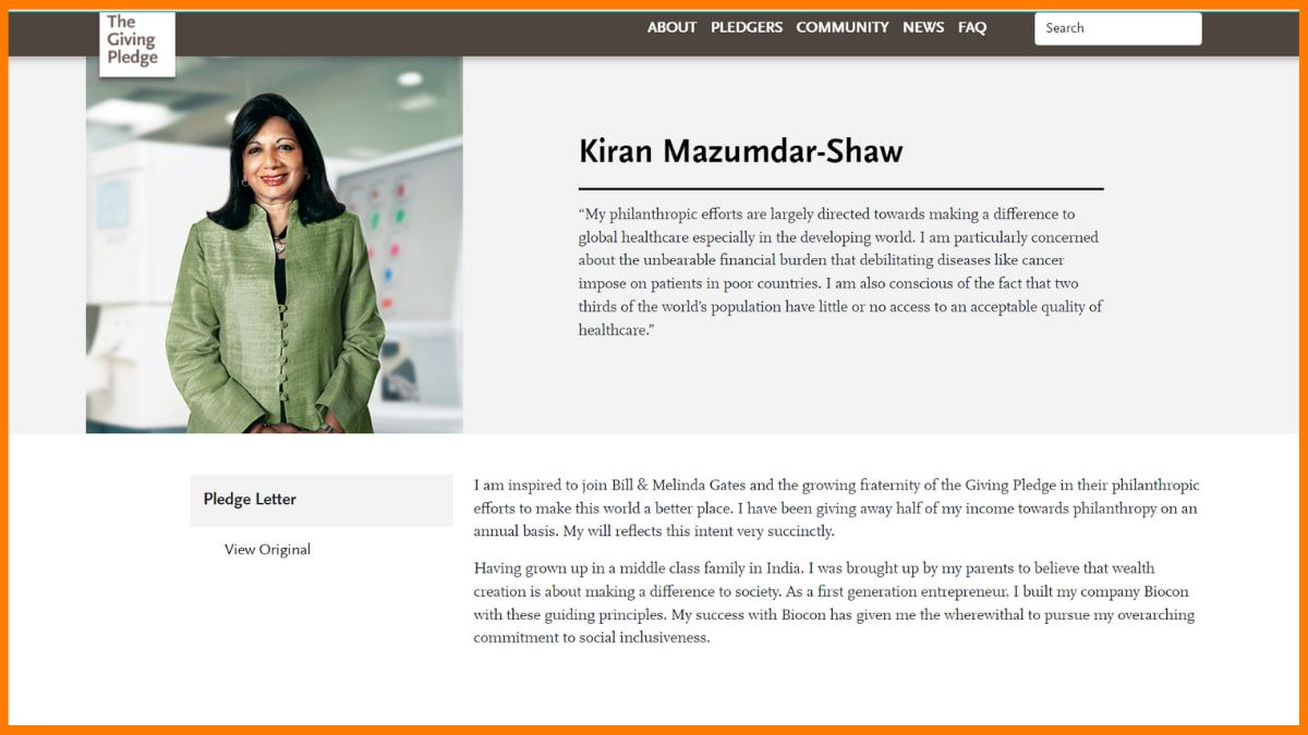 Kiran Mazumdar-Shaw 捐贈誓言