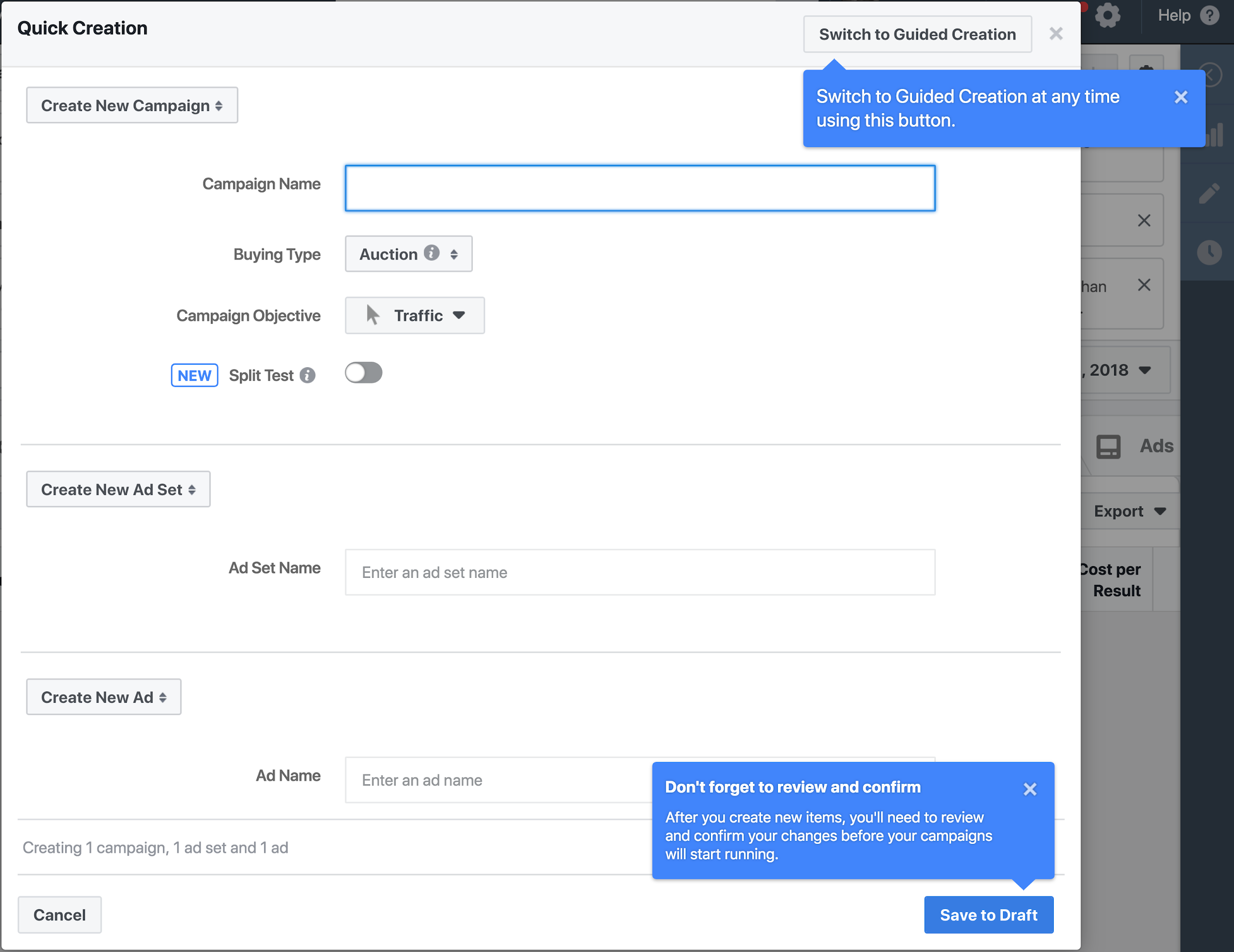 Facebook ads manager quick creation