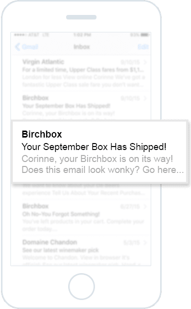 предварительный заголовок — это серый текст под строкой темы «Birchbox: Your September Box Has Shiped».