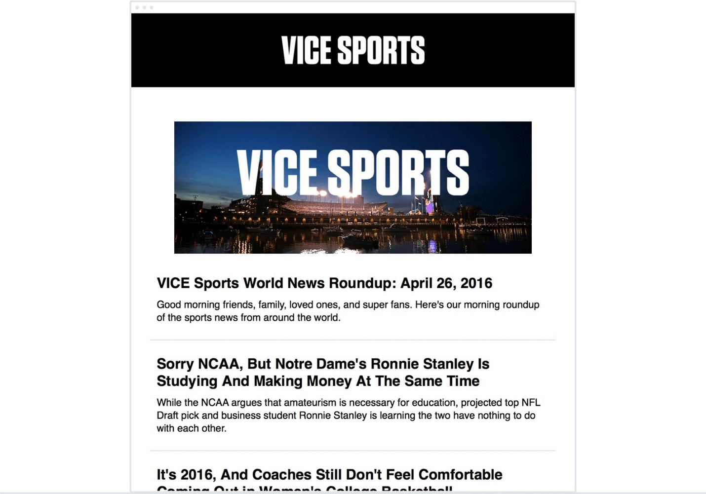 Nehmen Sie dieses Beispiel von Vice Sports – sie enthalten eine Vielzahl von Informationen, die ihre Leser interessant finden könnten. Was sie nicht tun, ist, alles preiszugeben und den Leser dazu zu verleiten, auf die Links zu klicken, um mehr zu erfahren.