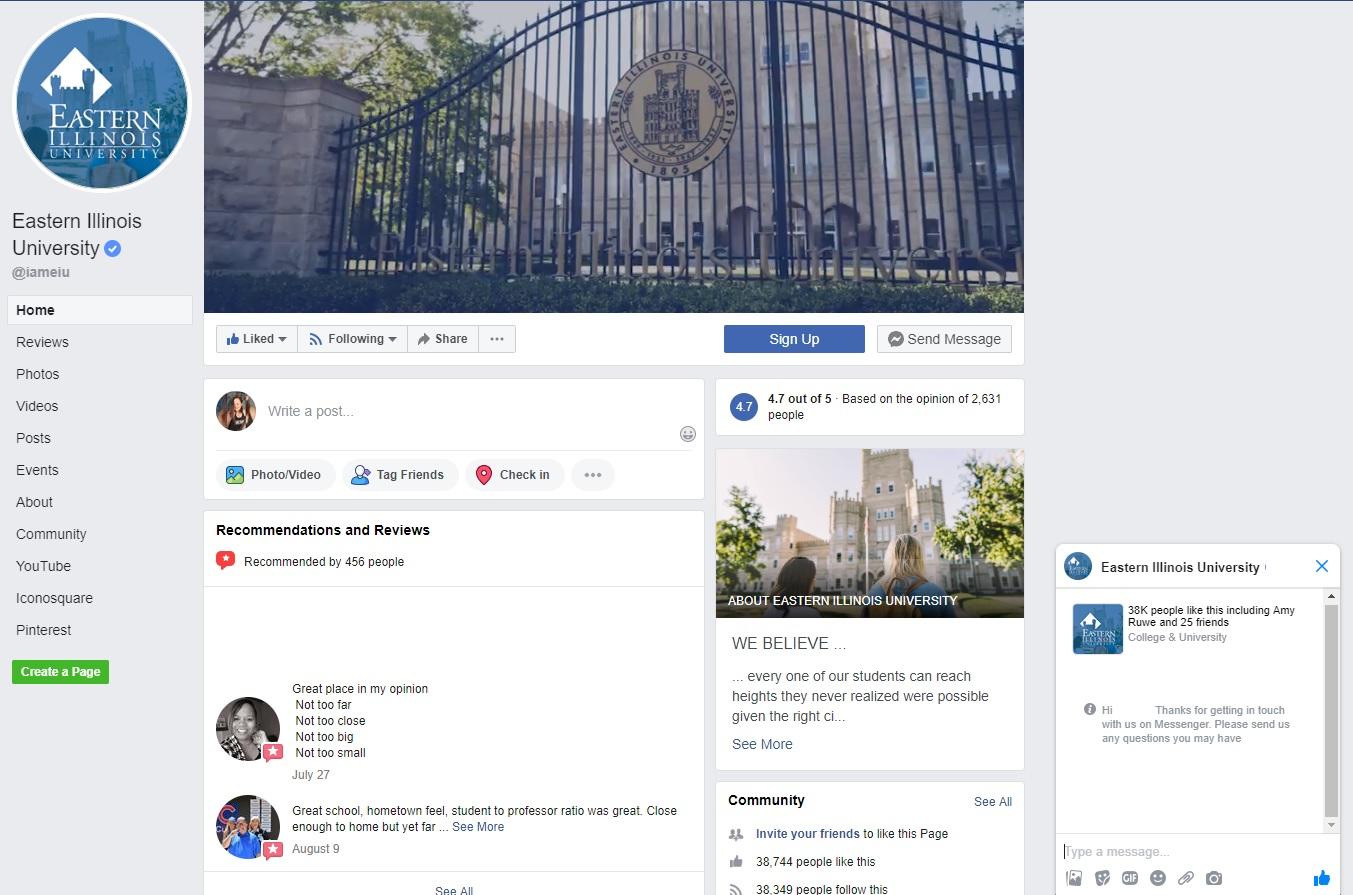 Eastern Illinois University oferuje potencjalnym klientom wiele sposobów łączenia się za pośrednictwem ich strony na Facebooku