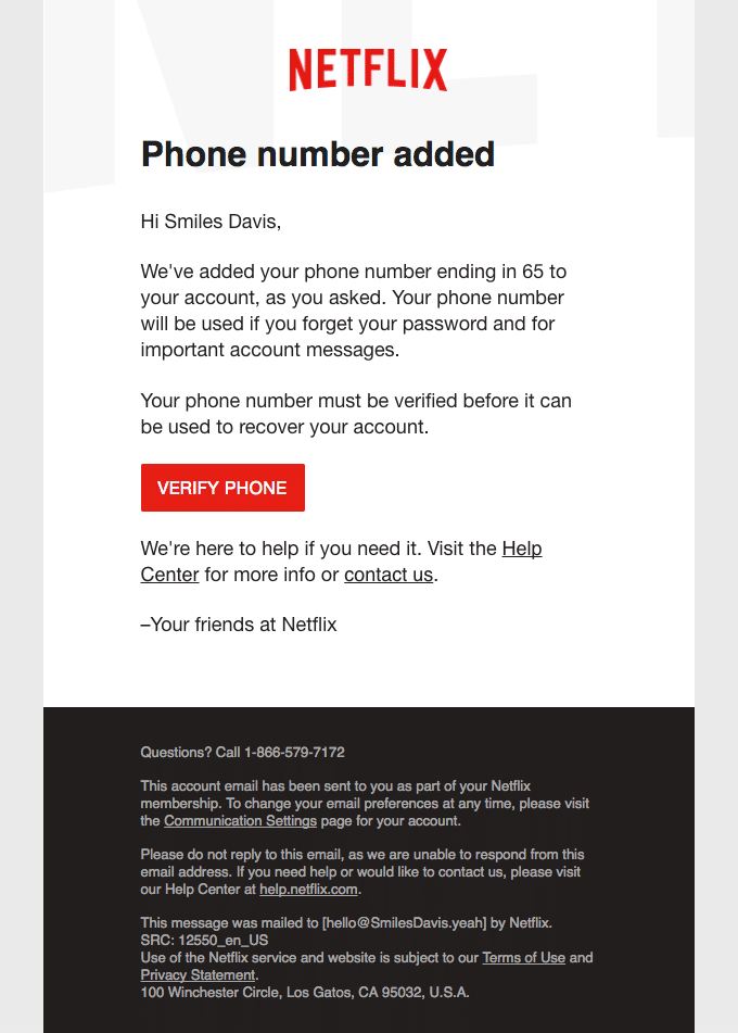Netflix'ten gelen e-posta, müşterilerinin hesaplarına bir telefon numarası eklendiğini ve bu numaranın doğrulanması gerektiğini bilmesini sağlar.
