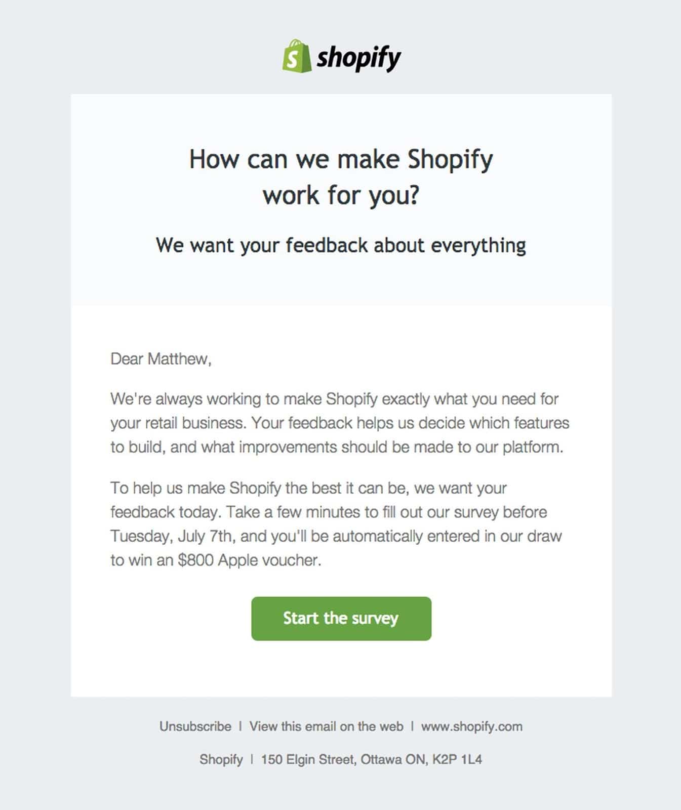 Exemplu de e-mail Shopify